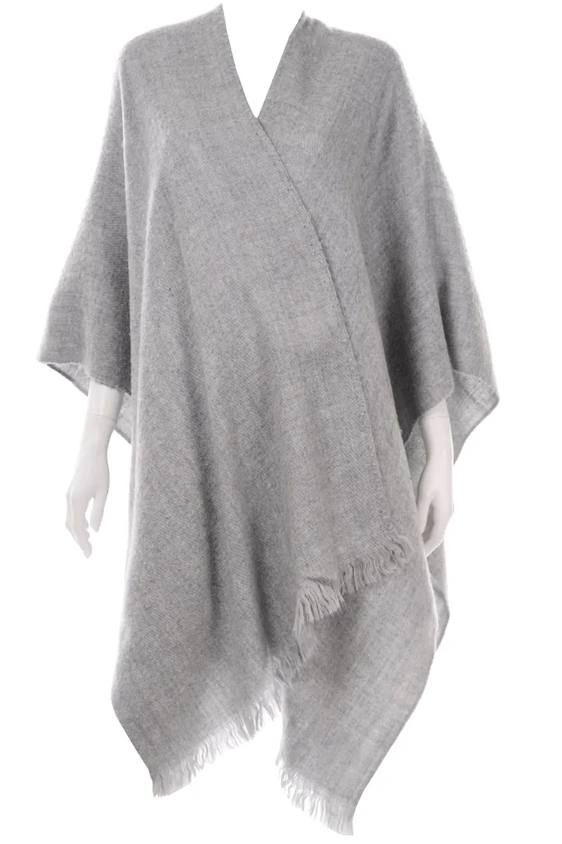 Vintage Gray Poncho Cape Style Lightweight Wool Wrap With Fringe