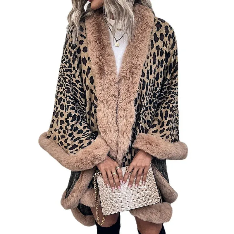 Winter Warm Poncho Fur Collar Cape Coat Vintage Leopard Batwing Shawl