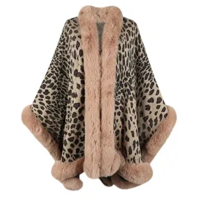 Winter Warm Poncho Fur Collar Cape Coat Vintage Leopard Batwing Shawl