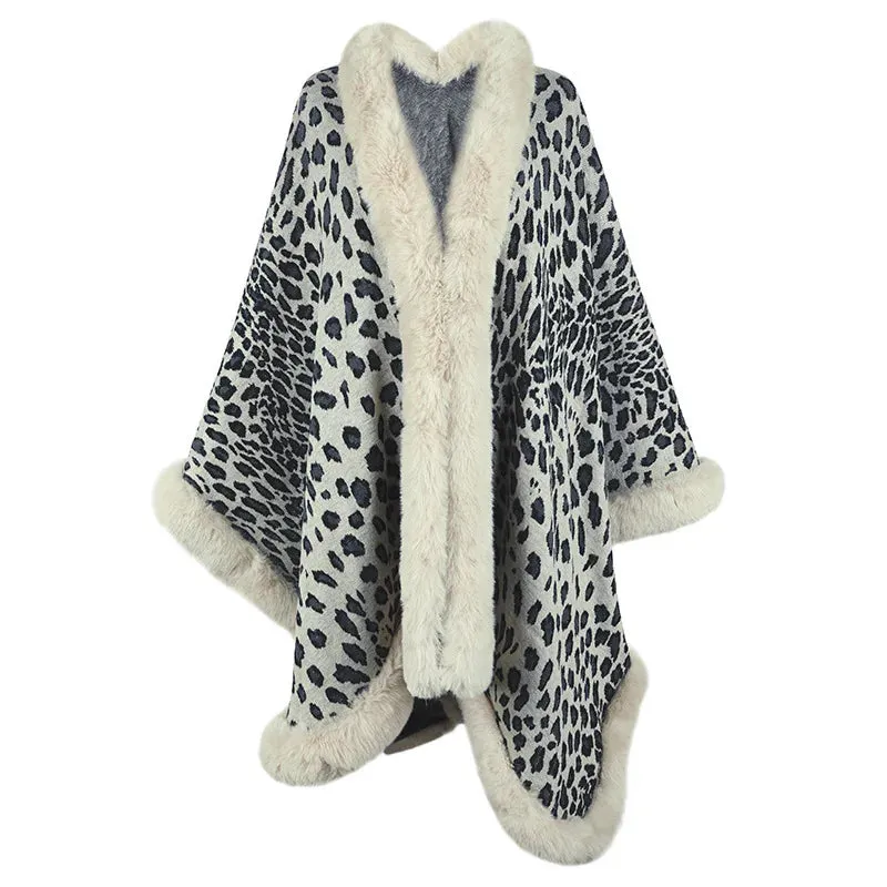 Winter Warm Poncho Fur Collar Cape Coat Vintage Leopard Batwing Shawl