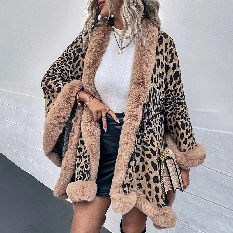 Winter Warm Poncho Fur Collar Cape Coat Vintage Leopard Batwing Shawl