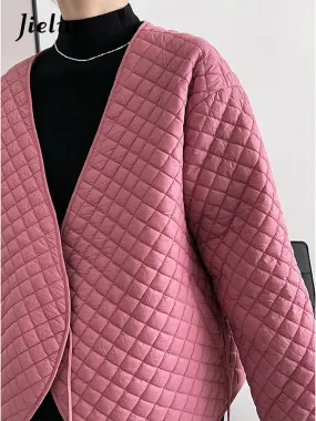 Women Autumn Parkas Coat Jackets Female Simple Loose Chic Korean V-Neck Diamond Plaid Long Sleeve Warm Pink Jacket Woman