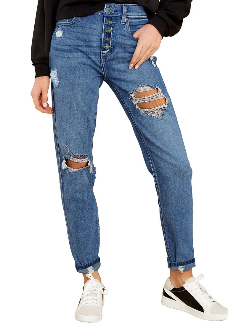 Women's Dark Blue Ripped Distressed Denim Jeans