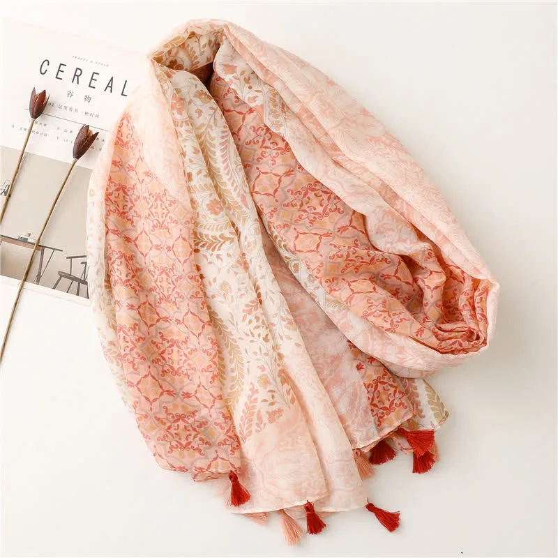 Women's Floral Soft Cape Wheat Fringe Scarf