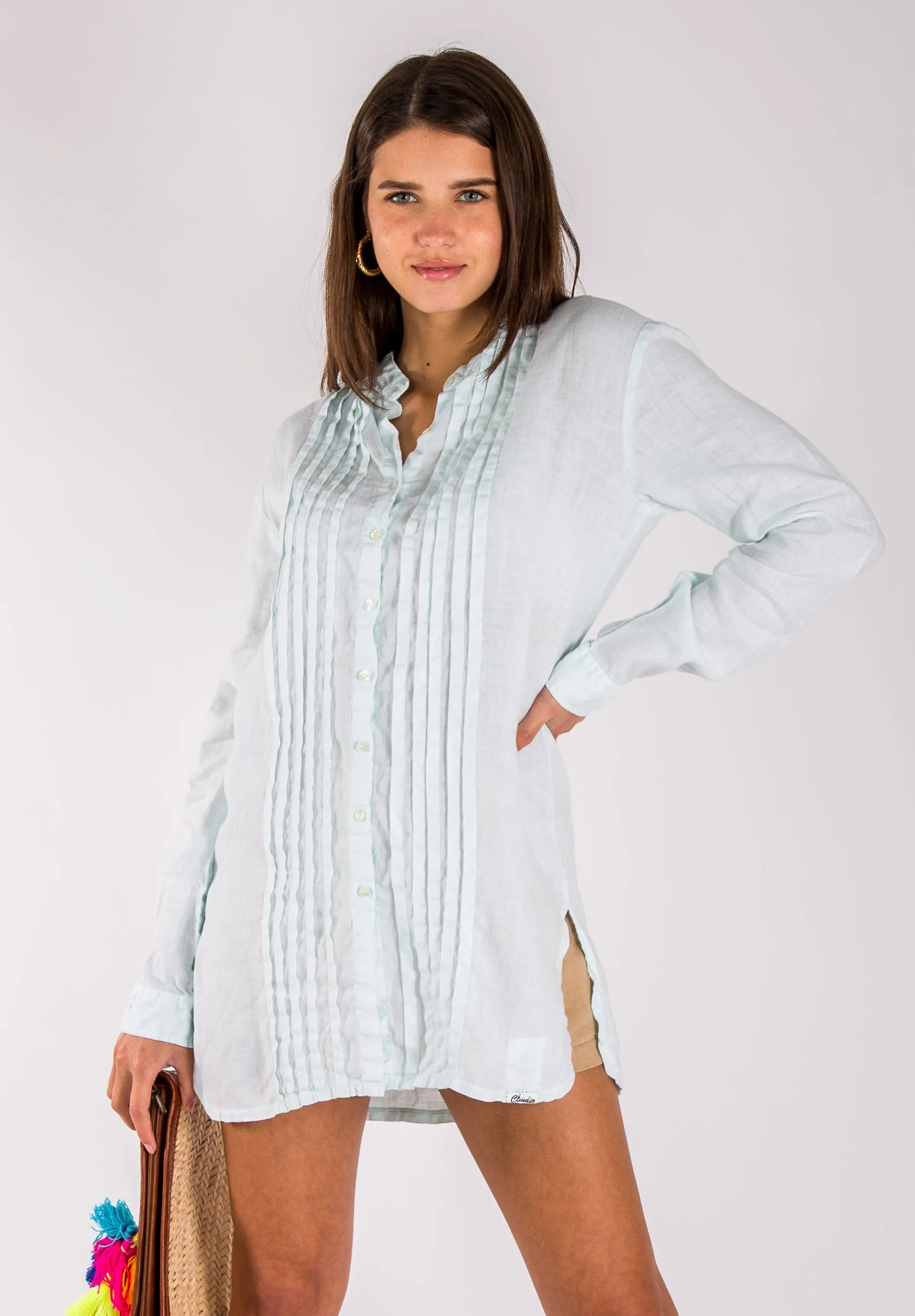 Women's Linen Pleated Button-Down Tunic | 100% Natural Italian Style Clothing, Item #8014