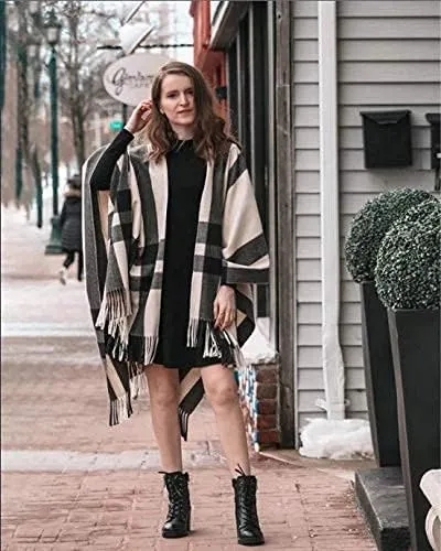 Women's Travel Plaid Shawl, Wrap Open Front Poncho Cape for Fall Winter